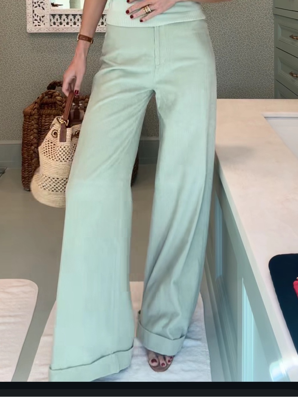 Julia Amory Pistachio Green High Waisted Corduroy Wide-Leg Pant